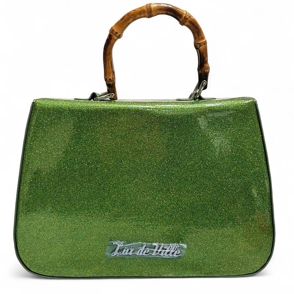 ✨💚💚✨ Lux de Ville Green Sparkle Shoulder Bag with Bamboo Accent - Picture 2 of 5